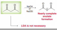 EtO- would be enough . LDA and NaH is not necessary (Since the H is in alpha position of two C=O is more acidic than usual alpha hydrogens)