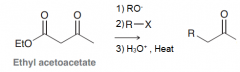 Synthesize ketones with substitution at alpha poistion (very similar to malonic ester synthesis) : 1)deprotonation of acetoacetic ester at alpha position 2)SN2 attack on RX 3)Acidic hydrolysis to give a compound with two C=O at one carbon 4)decarb...