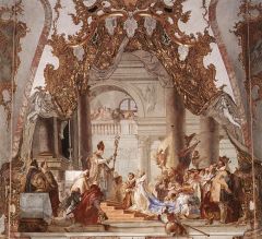 part of kaisersall,
fresco above roofline, but not a ceiling painting (blurred lines b/t art/archi.),
Emperor less than accented, blends in (could be patron, status, wealth),
Beatrice pops,
pale colors, heavy drapery=Rococo,
less attention on the ...
