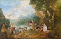 Jean Watteau,
frilly, whimsical, brushstrokes, 
(leads way to impressionism),
fete gallante (having a picnic outside),
blocks and swills of green represent agitation,
inspired by mona lisa in color