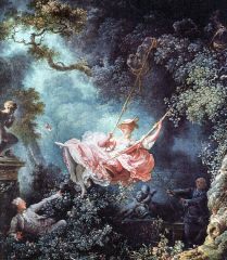 Jean Honore Fragonard,
patron looking up skirt,
being pushed by a bishop,
kicking shoe at Cupid, who has a face supportive of love,
"tittilating and acceptable" fringe but not beyond morals of time