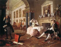William Hogarth, originally an engraver, moved to painting,
satire, ppl trying to buy their way into the aristocracy,
was just married, fooling around,
husband was out, dog sniffs out woman,
woman lost a fortune playing cards all night, probable a...