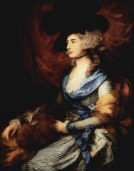wearing blue (Gainsborough)
curtain is theatre like (she's an actress)
idealized