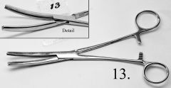 Fergusson Angiotribe: Heavy duty scissor-type forceps with ratchet handles and blade faces that are cross-hatched and have a matching longitudinal male-female groove running their length. Designed for hemostasis and prevention of subsequent bleeding.