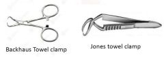 Towel clamps – have sharp tips that curve together to a point and are used to secure surgical drapes to the patient.•Jones Towel clamp 
•Backhaus Towel Clamp