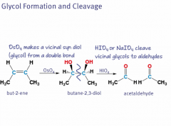 Treatment with OsO4 forms the diol. Treatment with HIO4 or NaIO4 will cleave the structure into two aldehydes.