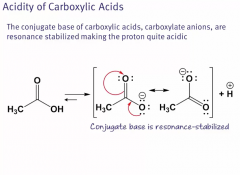 Carboxylic acids are weak acids that only partially dissociate into carboxylate and H+ ions.  The conjugate base is resonance stabilized. 
