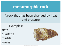 denoting rock that has undergone transformation by heat, pressure, or other natural agencies in the folding of strata or the nearby intrusion of igneous rocks 