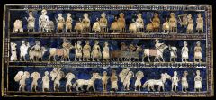 Formal Analysis: Standard of Ur from the Royal Tombs at Ur, modern Tell el-Muqayyar, Iraq / Sumerian, 2,600-2,400 BCE, wood and inlayed precious stone, # 16
 
Content: 
-discovered in a tomb
-wealthy tomb (found in a royal cemetery)
-front is scen...