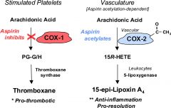 irreversible blocks COX enzyme


TxA2 cannot be made, platelets activation decreased 


Alters balance between TxA2 and prostacyclin
