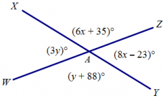 Find the values of x and y. Using those values, explain what is wrong with the figure above.