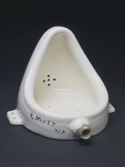 #144 


Fountain (second version)


Marcel Duchamp


1950 C.E. (original 1917)


_____________________


Content: An upside down urinal signed with a date and the signature, "R. Mutt". 


_______________________________


Style: Da...