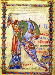 Title: Initial R with Knight Fighting a Dragon
Date: 1100
Style: Romanesque
Artist: Unknown