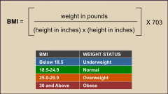 .








Body
Mass Index (BMI)
           The
preferred weight-for-height standard 

Calculation:
Body wt
(in kg)/

[Ht (in inches)]2  OR
Body wt
(in lbs) x 703.1/[Ht (in inches)]2
Health risks increase when BMI is
> ...
