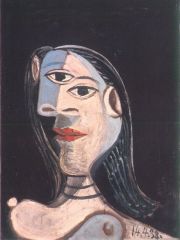 - portrait miroir de Dora Mar (la maîtresse de Picasso): quelqu'un qui aime et exprime sentiments
- blanc autour (clin d'oeil à la photographie)
- une partie rose et l'autre bleu (deux peroides)
- les yeux: grâce à la position elle regarde ...