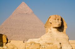 Formal Analysis: Great Pyramids (Menkaura, Khafre, Khufu) & Great Sphinx, Giza, Egypt / Old Kingdom Fourth Dynasty, 2,550-2,490 BCE, stone brick and carved stone, #17
 
Content:
-the corners are aligned with NSEW
-sphinx is the head of a man and t...