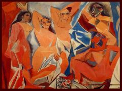 Les demoiselles d'Avignon
Picasso

- début du subisme
- Elles sortent du bains (mer, roche, piquenic)
- critique la femme: visage ombre, primatif
-2ème assise les jambes écarté: géomètriques, choqué