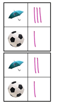 I have 2 umbrellas, 5 frogs and 1 soccer ball. Which data table correctly shows the number of umbrellas and soccer balls?