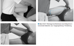 transversale Adduktion 


Ausgangsstellung


Der Patient liegt mit angebeugten Beinen auf der lin- ken Seite.


Bewegungsablauf


! Wie bei der Außenrotation bewegt sich der proxima- le Gelenkpartner Becken in der Transversalebene.


De...