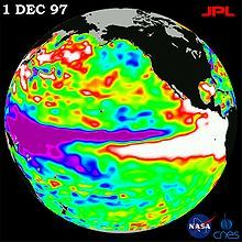 A current in the Pacific Ocean that results from changes in air pressure and that causes widespread changes in weather patterns.  Known as "the Christ Child."