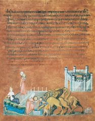 #50


Rebecca and Eliezer at the Well, from the Vienna Genesis


Early Byzantine Europe


Early 6th Century C.E.


___________________


Content: This singular page depicts the story of a pink clad women leaving a walled city, walking along colonn...