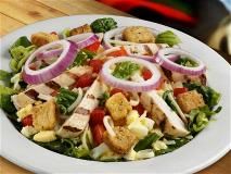 *Crisp Salad Greens topped with an 8 oz marinated and grilled chicken breast, Jack cheese, egg, tomatoes, bacon, red onion rings, and 5 made in house croutons.
*Garnish:
Choice of dressing on the side.
*Served in a frozen/chilled small bowl.