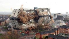 

To collapse inward violently.
 To cause to collapse inward violently
 To demolish (a building) by causing to collapse inward.