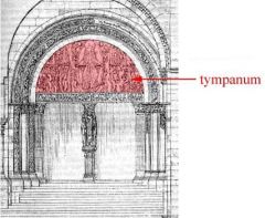 - the basically semicircular area enclosed by the arch above the lintel of an arched entranceway

- this area is often decorated with sculpture in the Romanesque and Gothic periods.