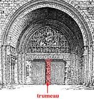 - a section of wall or a pillar between two openings, especially a pillar dividing a large doorway in a church 