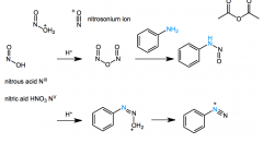 HNO2 forms like acetic anhydride
Ph-NH-N=O + H+> Ph-N=N-O+H2 > Ph-(N+)tripN