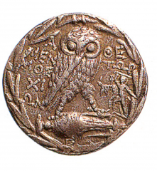 Transition/ Early Classical
-Athenian Coin 
-Athena on one side 
-owl: iconography symbol of wisdom 
-currency of Athens 
-International recognition, can go
in any place in Mediterranean and they would accept the owl.