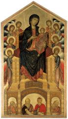 Italo Byzantine Style, which means "greek manner" Ducento or Trecento Italy which was influenced by the art of the medieval greeks or Byzantine peoples. It employs gold backgrounds, tend to deny space (is flat) and is often symbolic and abstract
