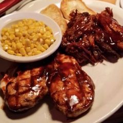 *An 8 oz Boneless (NEVER FROZEN) chicken breast marinated and grilled then basted in our signature BBQ sauce paired with 6 oz of Pulled pork.
*Garnish:
Toasted fresh baked bread
*Served on a large warm oval