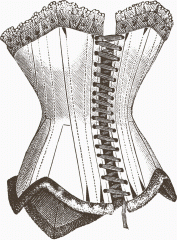 a woman's tightly fitting undergarment extending from below the chest to the hips, worn to shape the figure