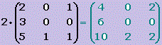 Dada una matriz A = (aij) y un número real k perteneceR, se define el producto de un número real por una matriz: a la matriz de la misma dimensión que A, en la que cada elemento está multiplicado por k.

k · A = (k · aij)