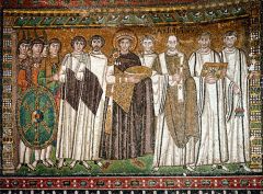 Justinian, Bishop Maxiniabus, and Attendants
(Mosaic on North Wall)