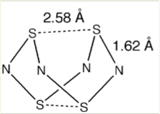 A cradle, held together by weak S----S interactions. Longer S--S bonds than S-S bonds, short S-N bond distances due to multiple bonding and equal S-N distances due to delocalised bonding.