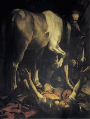 
got off horse, struck by belief and converted to Christianity
Strong contrast between light and dark - sense of drama
no background details to take away from story - very focused and clear, no distractions
draws attention to St. Paul - open arms,...