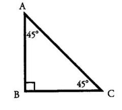 It  has one 90°angle (opposite the hypotenuse) and two 45° angles (opposite the two equal legs). This triangle is called the 45-45-90 triangle.