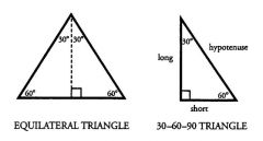 One in which all three sides (and all three angles) are equal. Each angle of an equilateral triangle is 60° (because all 3 angles must sum to 180°). A close relative of the equilateral triangle is the 30-60-90 triangle. Notice that two of these ...
