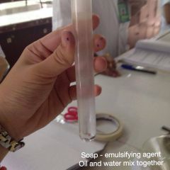 permanent emulsion,
soap = emuls. agent, stabilizes interface b/w water + oil