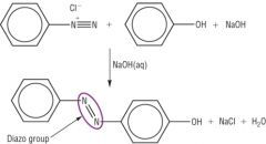 Coupling
 
A coupling reaction occurs when the diazonium salt, benzenediazonium chloride, is reacted with a phenol/aromatic compound underalkaline conditions.
 
In the reaction, two benzene rings are linked through an azo functional group -N=N-
 
...