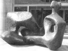 Henry Moore.

His forms are usually abstractions of the human figure, typically depicting mother-and-child or reclining figures.

Moore's works are usually suggestive of the female body, apart from a phase in the 1950s when he sculpted family groups.
