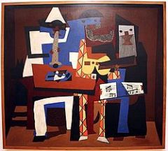 Pablo Picasso, Three Musicians (1921)

Originally done almost exclusively in blacks, whites, and grays, the abstract cubist forms were designed to appeal to the human intellect. 

By the 1920s, cubism took on more colors and represented less images of