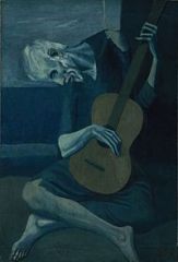 The Old Guitarist

Pablo Picasso's Blue Period

One of the first to use Cubism.

The Old Guitarist recalls the style of El Greco.