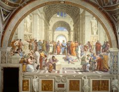School of Athens is one of a series of four frescoes painted by Raphael representing branches of knowledge.

Raphael Sanzio (1483-1520):  Better known as just Raphael, an Italian architect and painter of the High Renaissance. He was best known for the p