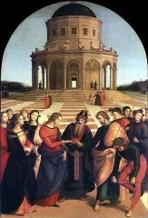The Marriage of the Virgin is part of an altarpiece created for a church at Citta di Castello, Italy and shows the marriage of the Virgin Mary and St. Joseph. 

The painting, an oil on panel, was completed in 1504 and is an example of Raphael’s increasi