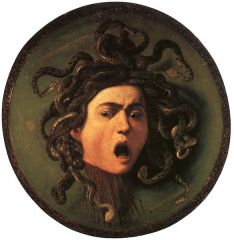 Artist:	Caravaggio
Year:        1597
Medium:	Oil on canvas mounted on wood

Caravaggio, from Milan, Italy, was a part of the Baroque art movement.
He was commissioned to paint Medusa as a gift for the Grand Duke of Tuscany, to be placed in the Medici