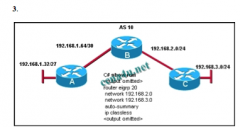 The company is using EIGRP with an autonomous system number of pings between hosts on networks that are connected to router A and those that are connected to router B are successful. However, users on the 192.168.3.0 network are unable to reach us...