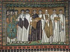 #51


Justinian Panel


In San Vitale 


_____________________


Content: This mosaic, one of the many within the San Vitale, shows Emperor Justinian dressed in dark robes and placed in the center of the piece. He is surrounded by symbolic soldie...
